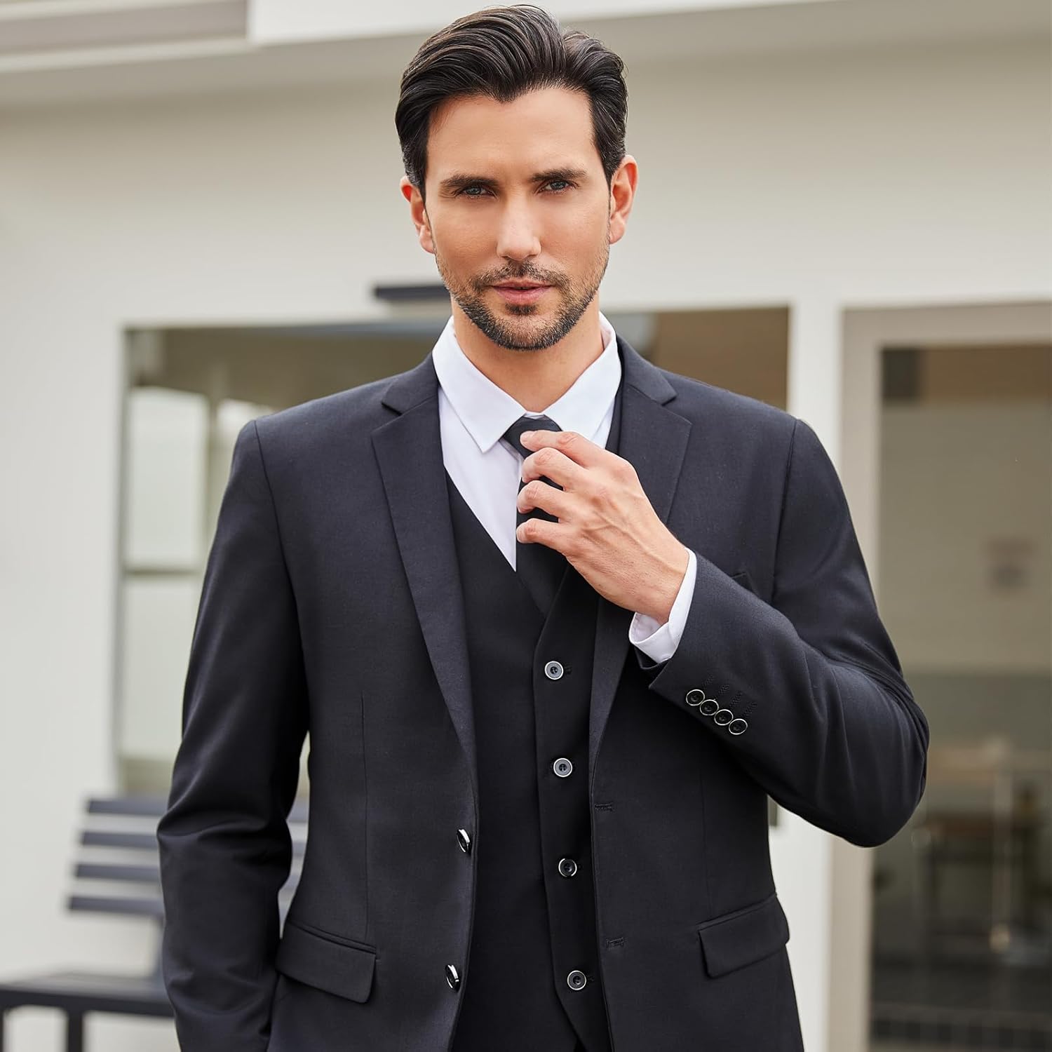 Men's Slim Fit 3 Piece Suits Set, Formal Business 2 Buttons Blazer Jacket Vest Pants with Tie & Bow Tie - Image 5