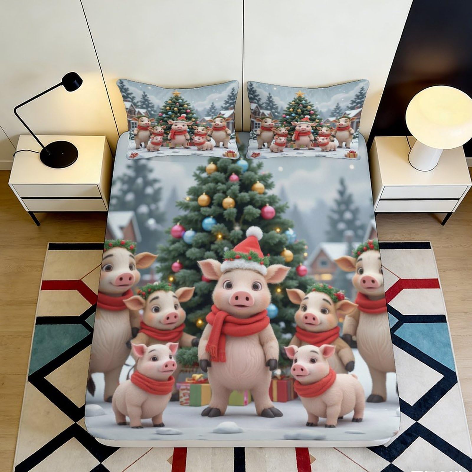 3D Printed Christmas Pig Fitted Sheet Microfiber Deep Pocket Non-Slip Xmas Tree Mattress Fitted Cover Washable 200x200x25cm 90x200x25cm