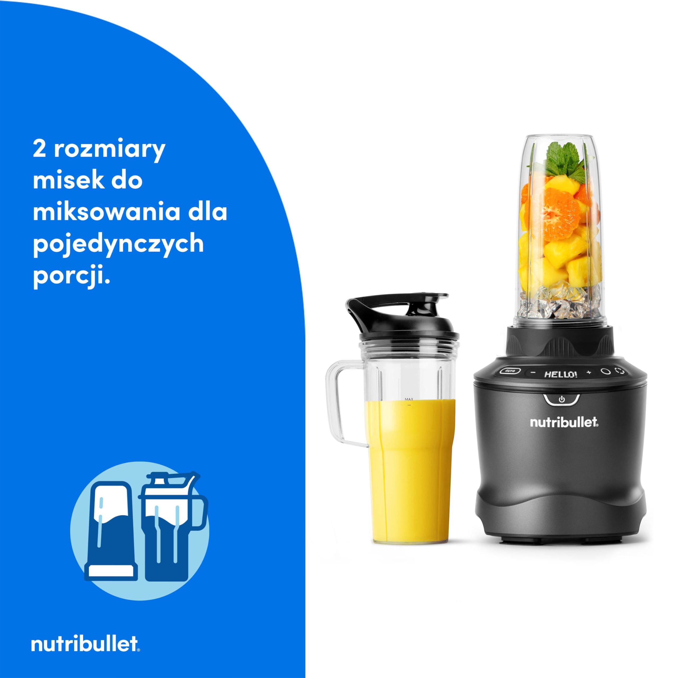 Nutribullet SmartSense Blender Combo NBF550DG z 5 zmiennymi prędkościami, funkcją pulsu, kubek 946 ml i 710 ml z uchwytem, inteligentny cykl automatyczny, pokrywa To-Go, 1500 W, czarny