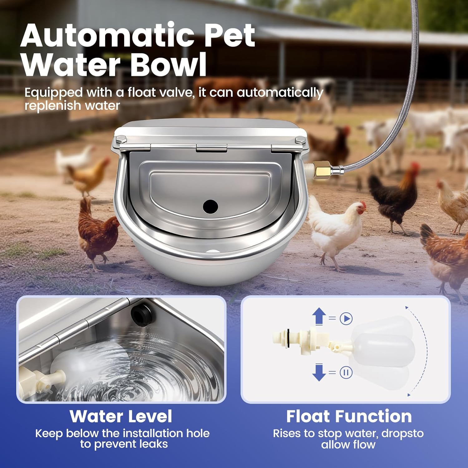 Automatic Dog Water Bowl Outdoor, Auto Refill Water Dispenser for Dogs Cats, 304 Stainless Steel Waterer for Pig Cow Goat Sheep Deer Chicken, Wall Mountable, with Drainage Hole (Standard)