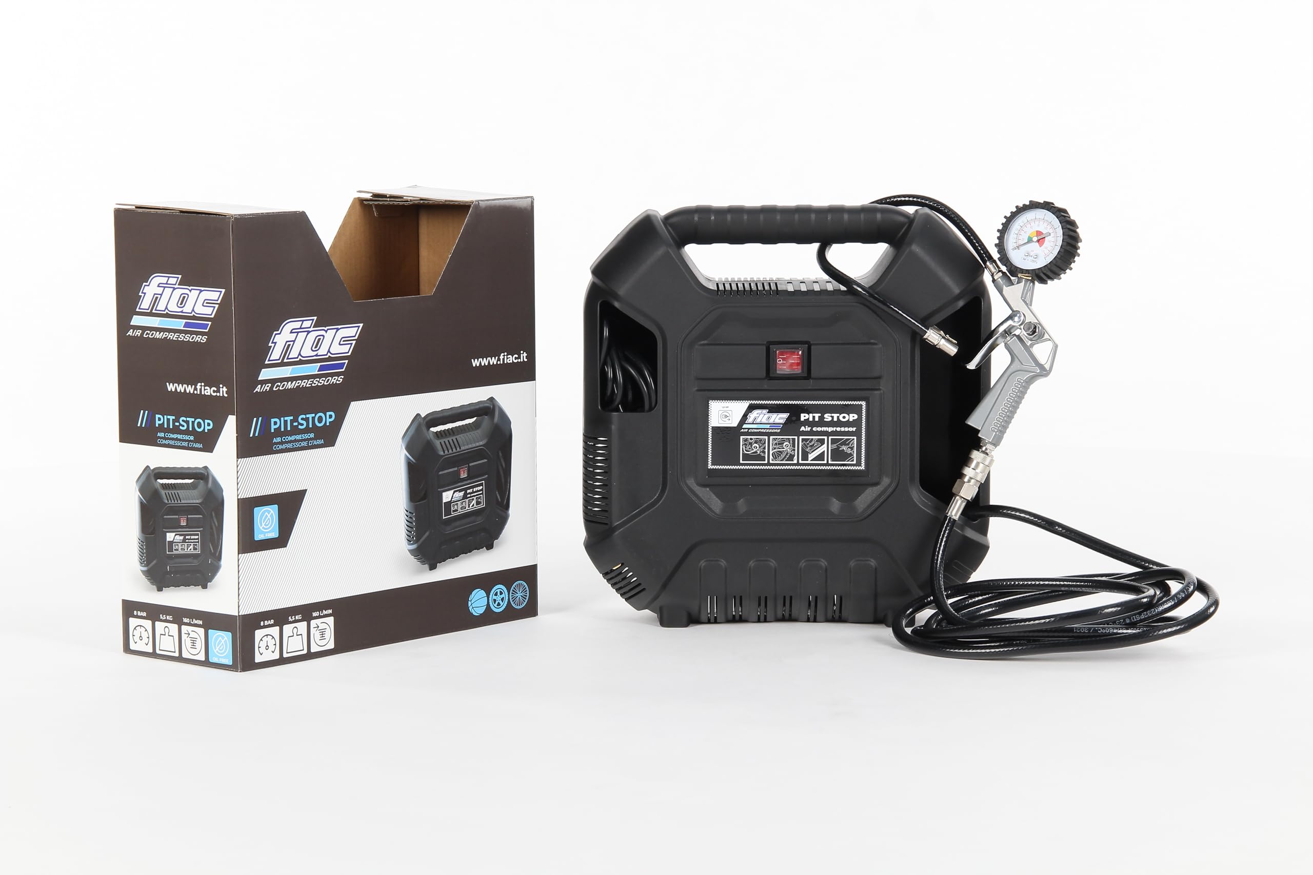 FIAC Pit-Stop Compresor de aire portátil, compresor de aire sin aceite con manguera flexible, manómetro y 6 boquillas, presión máx. 8 bares, potencia 1,5 CV