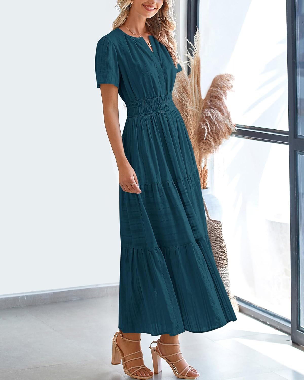 BTFBM Womens Summer 2026 Casual Midi Maxi Dresses Lightweight Short Sleeve V Neck Elastic Waist Boho Beach Dress Pockets - Image 7