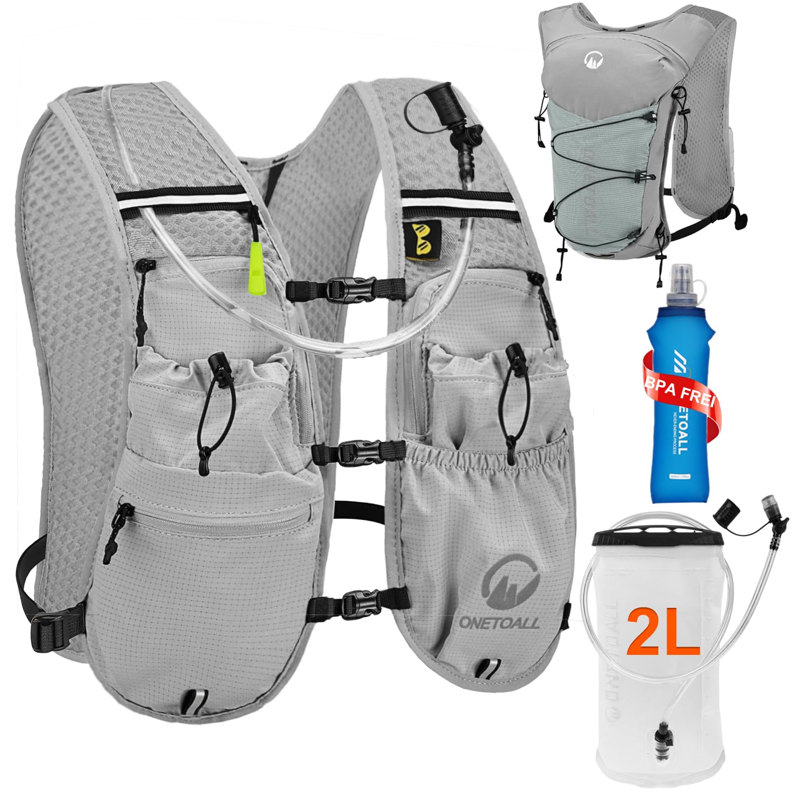 ONETOALL Laufweste Damen mit Trinkblase 2L + 500ml Trinkflasche, Running Vest Laufrucksack Herren Ultraleicht, Trinkrucksack für Laufen Joggen Skiurlaub Trail Running Marathon Radfahren