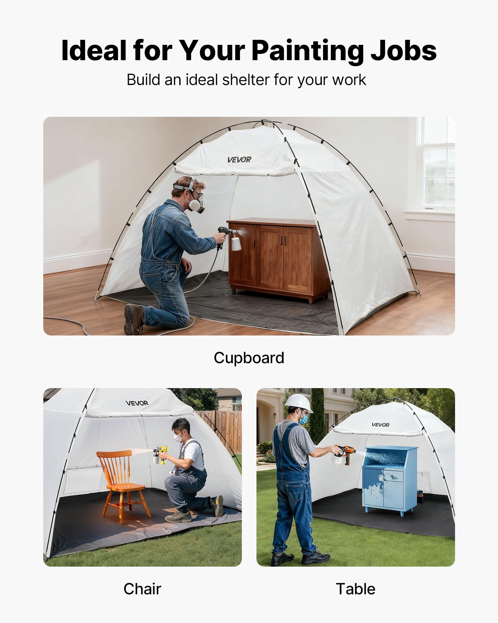 VEVOR Cabina de Pintura Portátil, Área de Trabajo 293 x 230 x 188 cm, Impermeable, con Suelo Integrado y Puerta Enrollable para Armarios, Sillas y Mesas, Tela Oxford 210D, para Proyectos Fluidos
