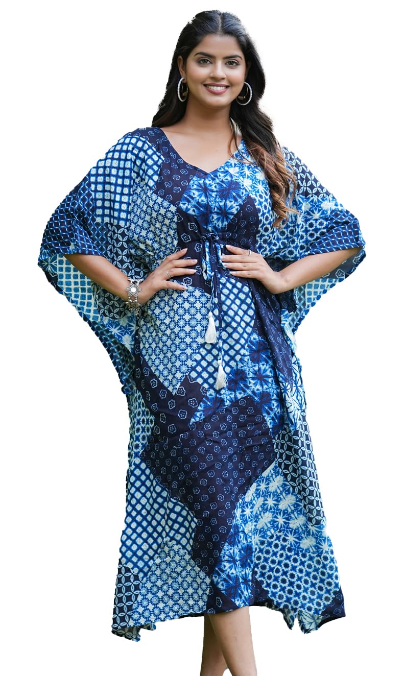 Women’s Rayon Printed Kaftan Dress Stylish Blue Patchwork Kaftan Kurti with Tassel Tie-Up Casual, Resort-image-25