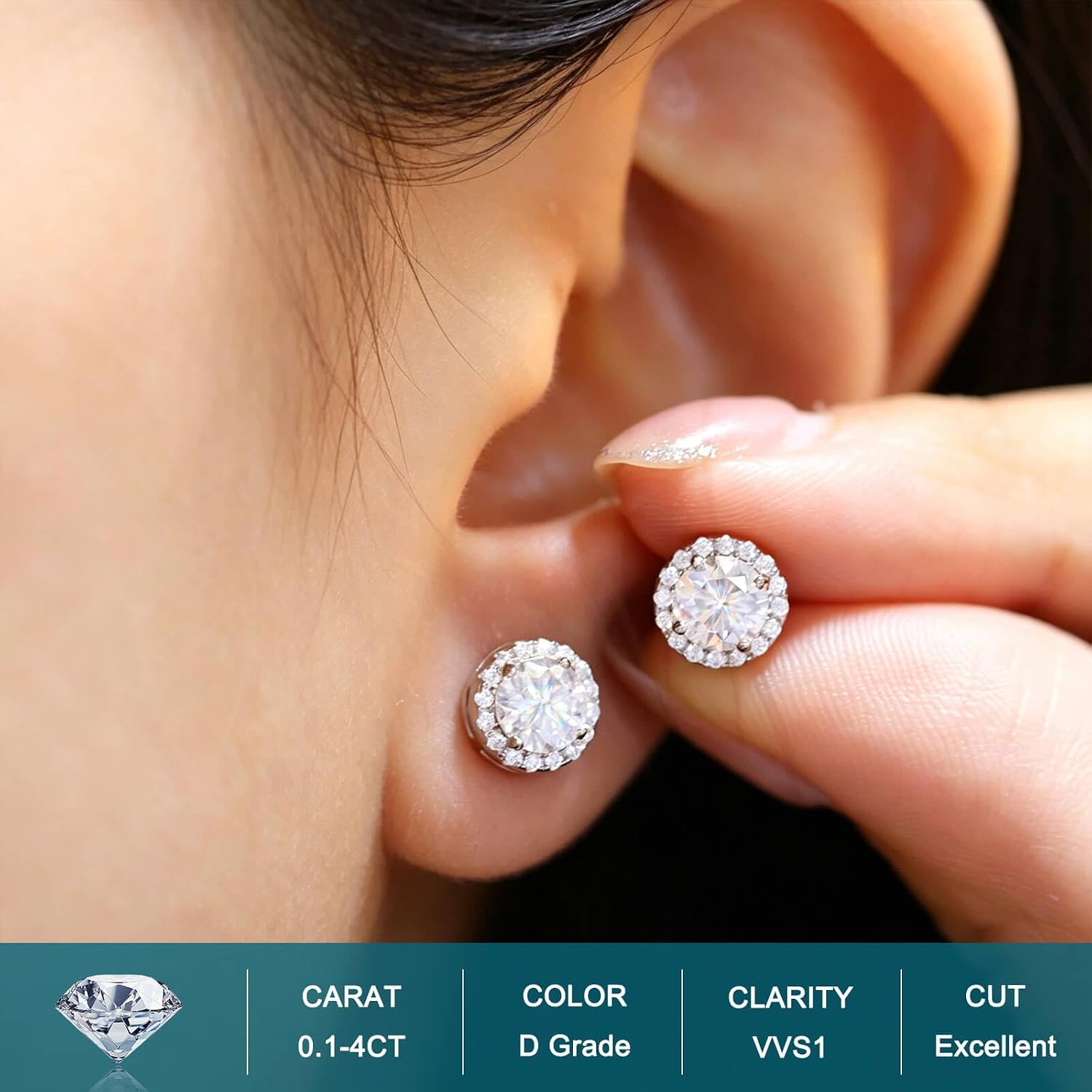 WES Halo Moissanite Stud Earrings - Hypoallergenic 925 Sterling Silver with 14K White Gold Plated D Color VVS1 Lab Created Diamond Moissanite Earrings for Men Women
