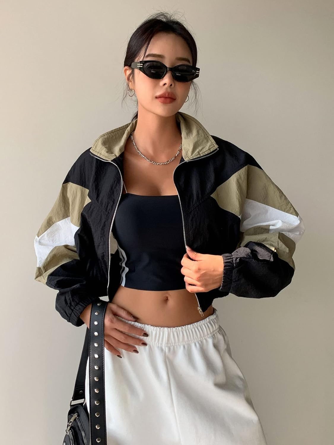 Jackets for Women Colorblock Zip Up Crop Jacket (Color