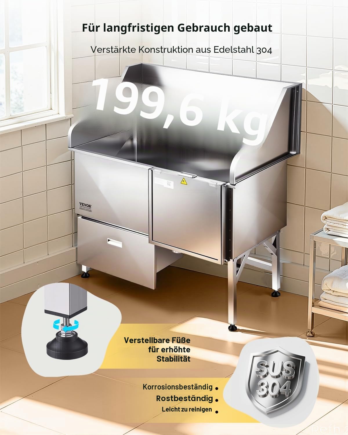 VEVOR Hundewaschstation aus Edelstahl, 1275x795x1435 mm Tierpflegewanne mit Rampe, Wasserhahn, Duschkopf, Hundebadewanne mit Leine für große, mittelgroße und kleine Haustiere (rechte Tür)