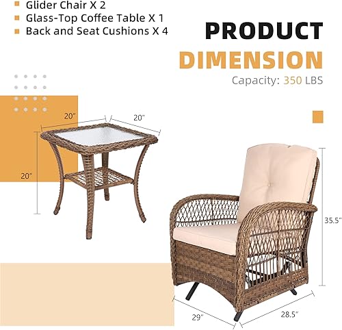 Miniatura 9 de Sillas mecedoras de ratán para exteriores, juego de 2 sillas de patio bistró con cojines gruesos, muebles para todo tipo de clima, juego de