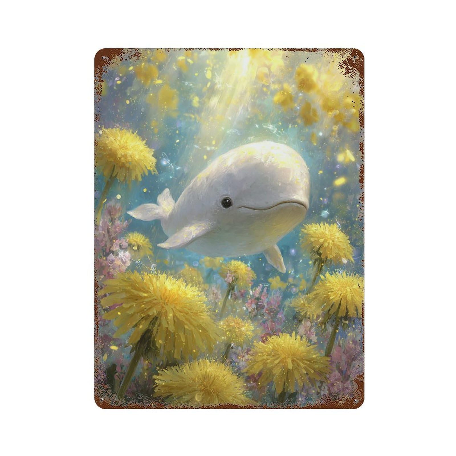Whale in Dandelion Garden Vintage Wall Sign 15.7"x11.8", Rust Effect Metal Decor for Garage, Bar And Workshop Decor