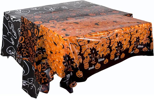 KJK 3 Pcs Halloween Tablecloth Rectangular Pumpkin Ghost Bat Party Plastic Disposable Waterproof Washable Table Cover for Halloween Dinner Parties Background Wall Decorations 220 x 135 cm