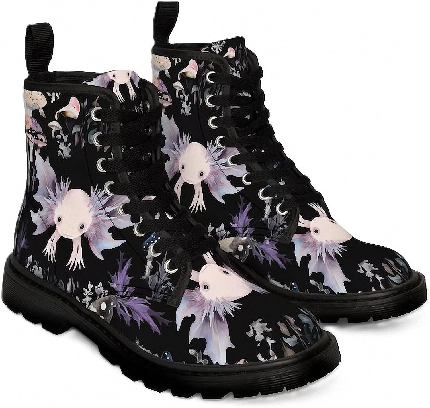 Women Printed Ankle Boots with Jellyfish Girl Skull Mushroom Ocean Natural Scenery Stylish Platform Lace-up Leather Combat Booties Casual Everyday Party Halloween Christmas