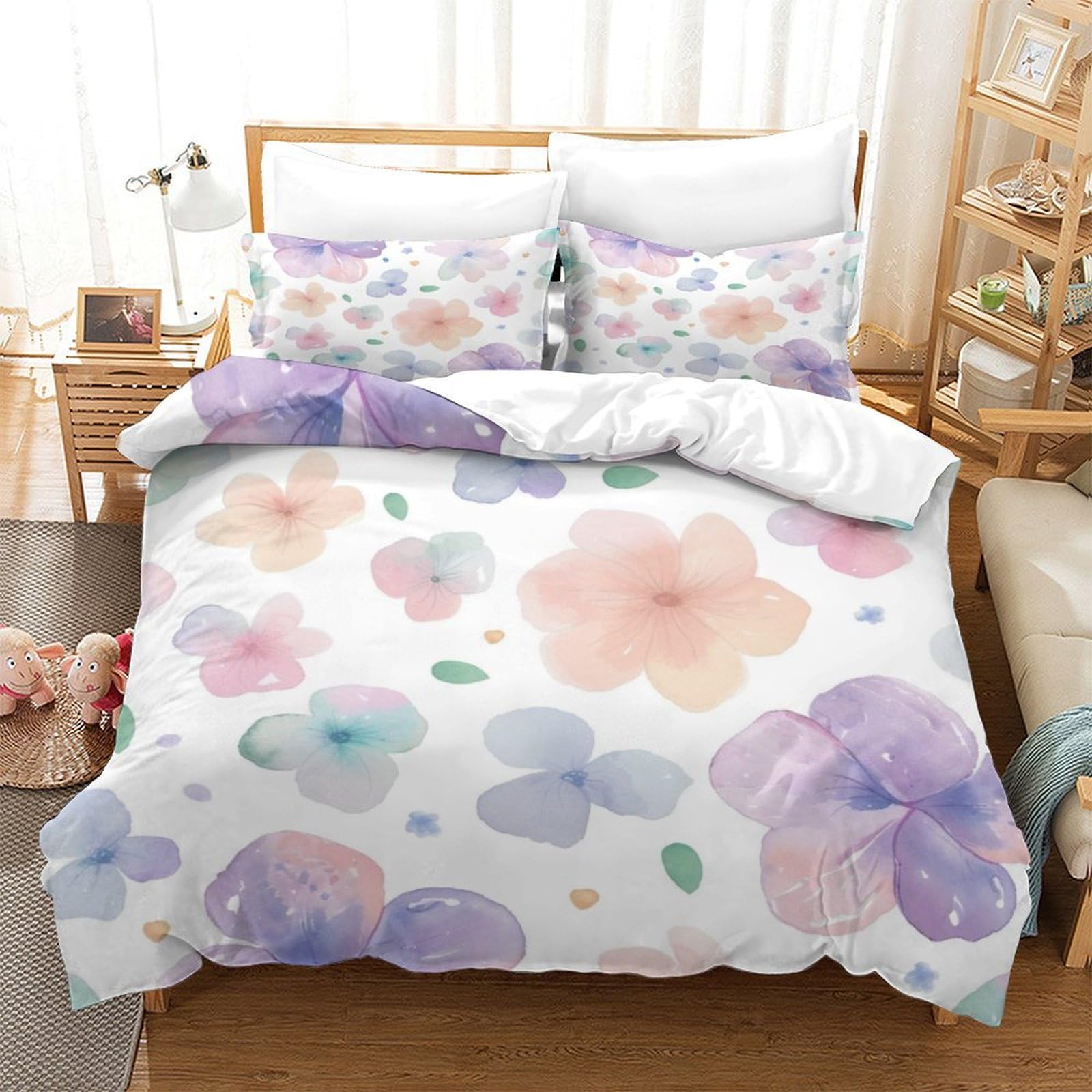 P1S9U7W5Y Pastel Floral 3D Printed Duvet Cover Set 3pcs Soft Microfiber Blossom Bedding Set Super king（260x220cm）