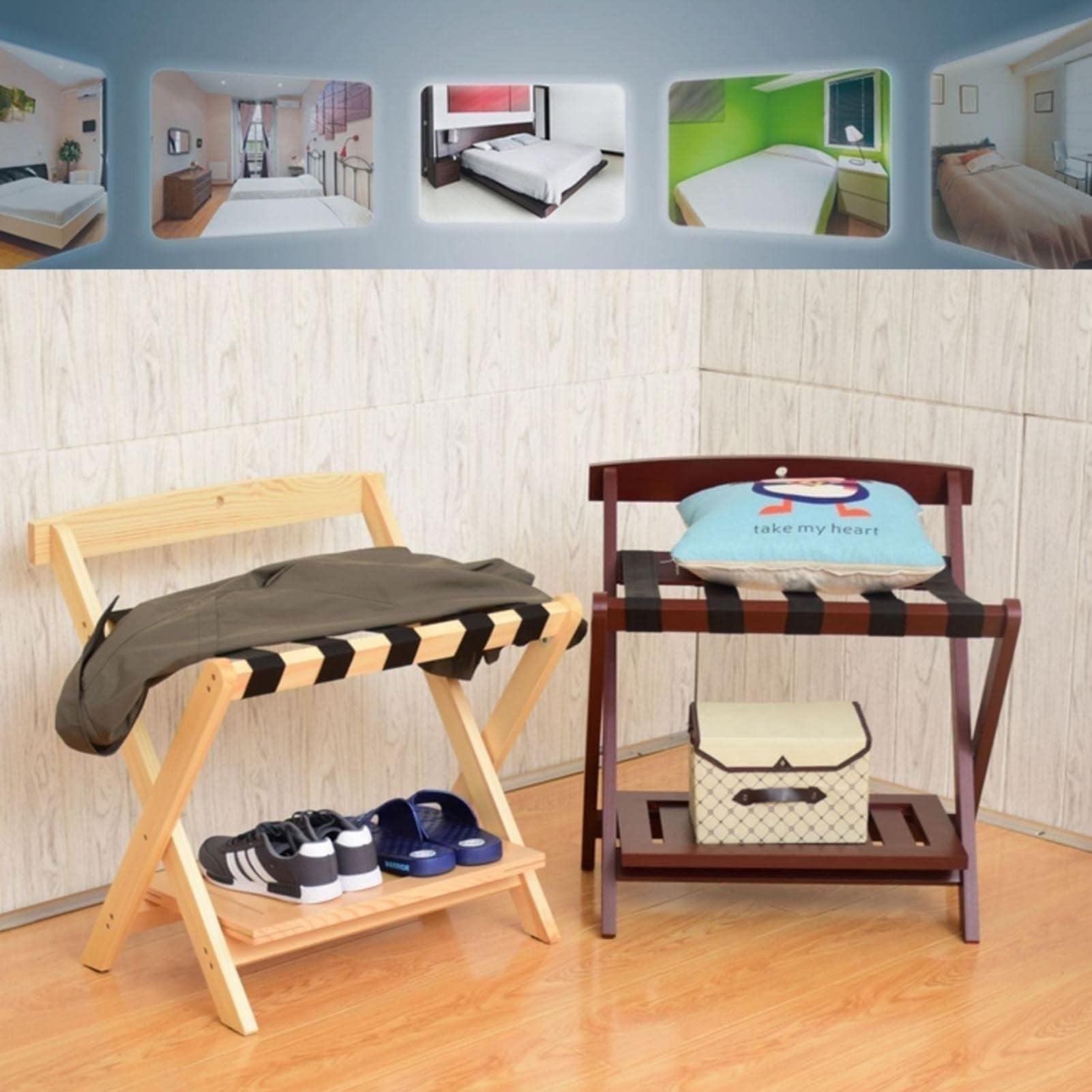 Portavaligia - Portabagagli, Supporto per Zaini Valigia Pieghevole a 2 Livelli, Supporto portabagagli in Legno massello, Portavaligie Professionale per Hotel Rosso Vino, 60X50X65CM Comfortable
