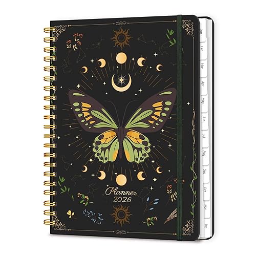 Lonely Oak 2026 Planner, A5 Agenda Daily Planners with Tabs, Spiral Bound Calendar 2026 Planner, Weekly and Monthly Organizers from Jan. to Dec., Hardcover Habit Tracker Journal 6.18" x 8.5"(Green Butterfly)