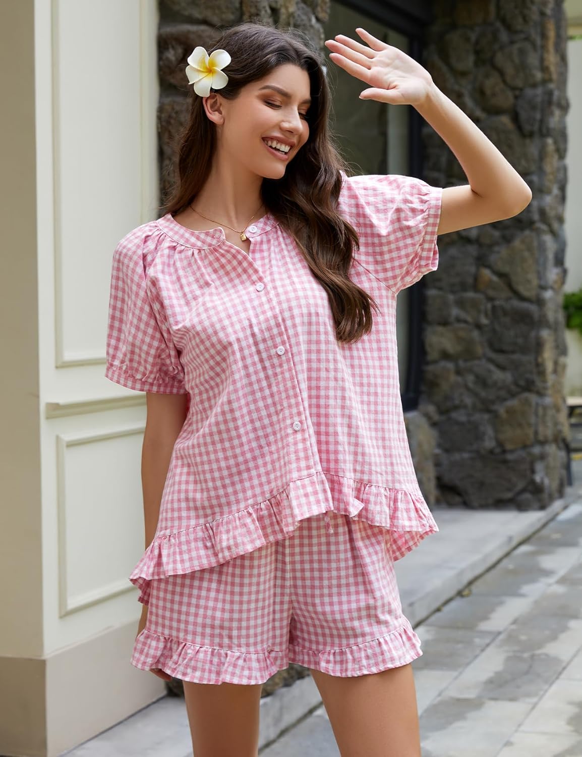 Flygo Womens Gingham Pajamas Set 2 Piece Cotton Pj Lounge Sets Puff Sleeve Ruffle Babydoll Shirt Shorts Summer Outfits
