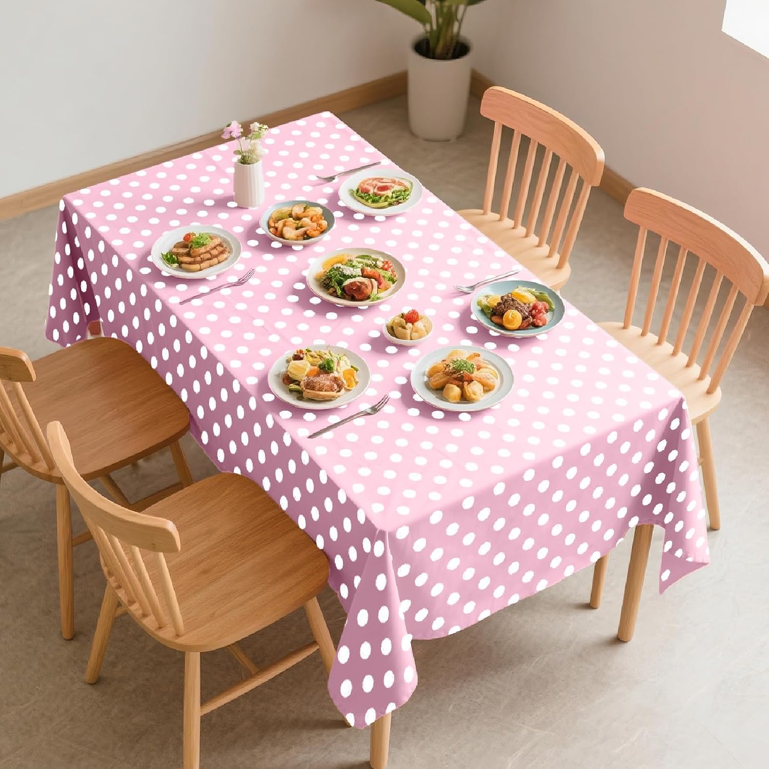 2 Pack Light Pink Polka Dot Table Cloth, 54" x 108"Disposable Plastic Pink & White Tablecloth for Birthday, Wedding, Bridal Shower, Bachelor, Pink Girl Party, and Picnic
