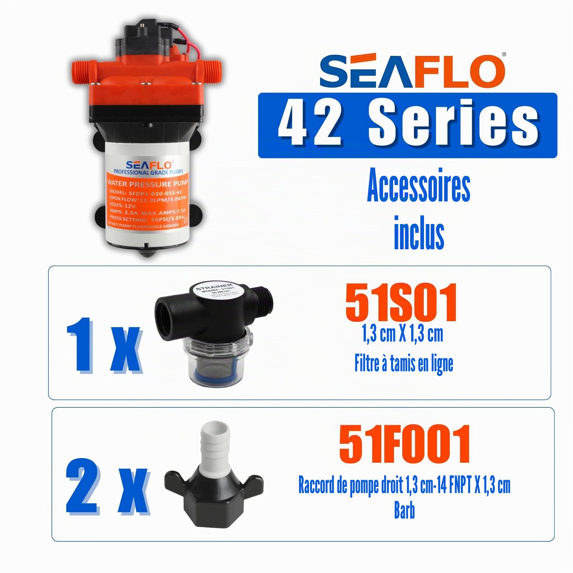 Seaflo Pompe à membrane série 42 avec dérivation pour vélo réduit 12 V/24 V 3,0 GPM 55 PSI (12 V)