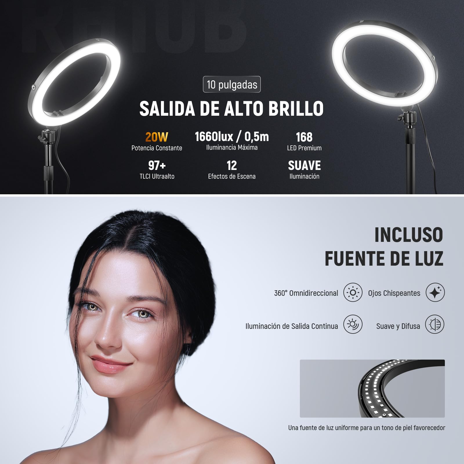 NEEWER 10" 20W Aro Luz LED con Soporte Teléfono Escritorio para iPhone Portátil, Bicolor 2900K-7000K, USB C PD, CRI97+ 1660LX/0.5m, Luz para Videoconferencia, Grabar TikTok, Maquillaje y Selfie,RH10B