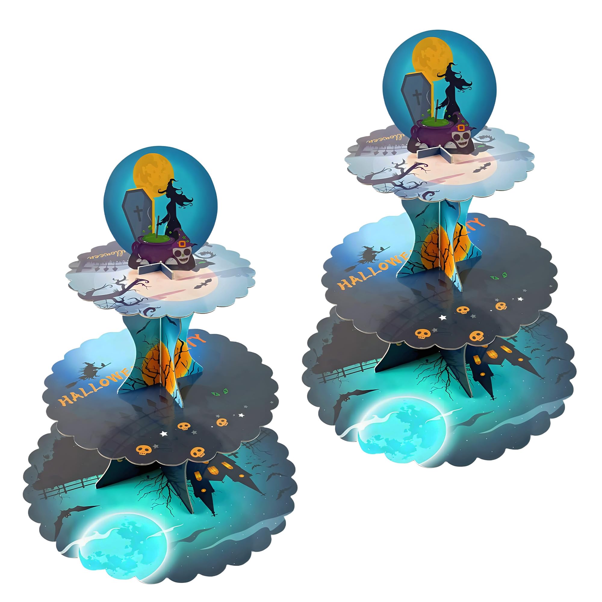 KINMRIS 2 Pack Cardboard Cake Stand, 3 Tier Halloween Round Cupcake Stand, Party Supplies, Halloween Food Display, Baby Shower Decoration (Witch)