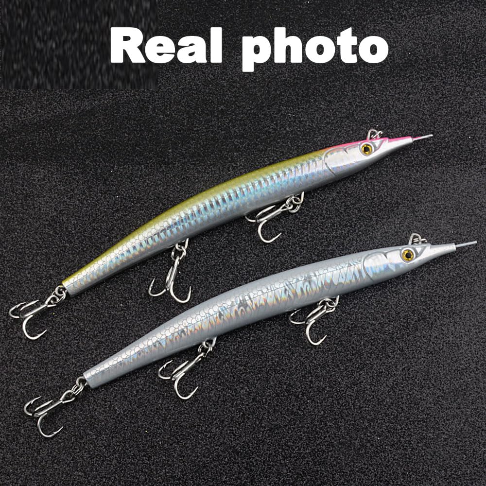 Atlantic Needlefish Jerkbait coulant avec hameçons triples pour la pêche en mer (18 cm, 64 g, 6 options de couleur)
