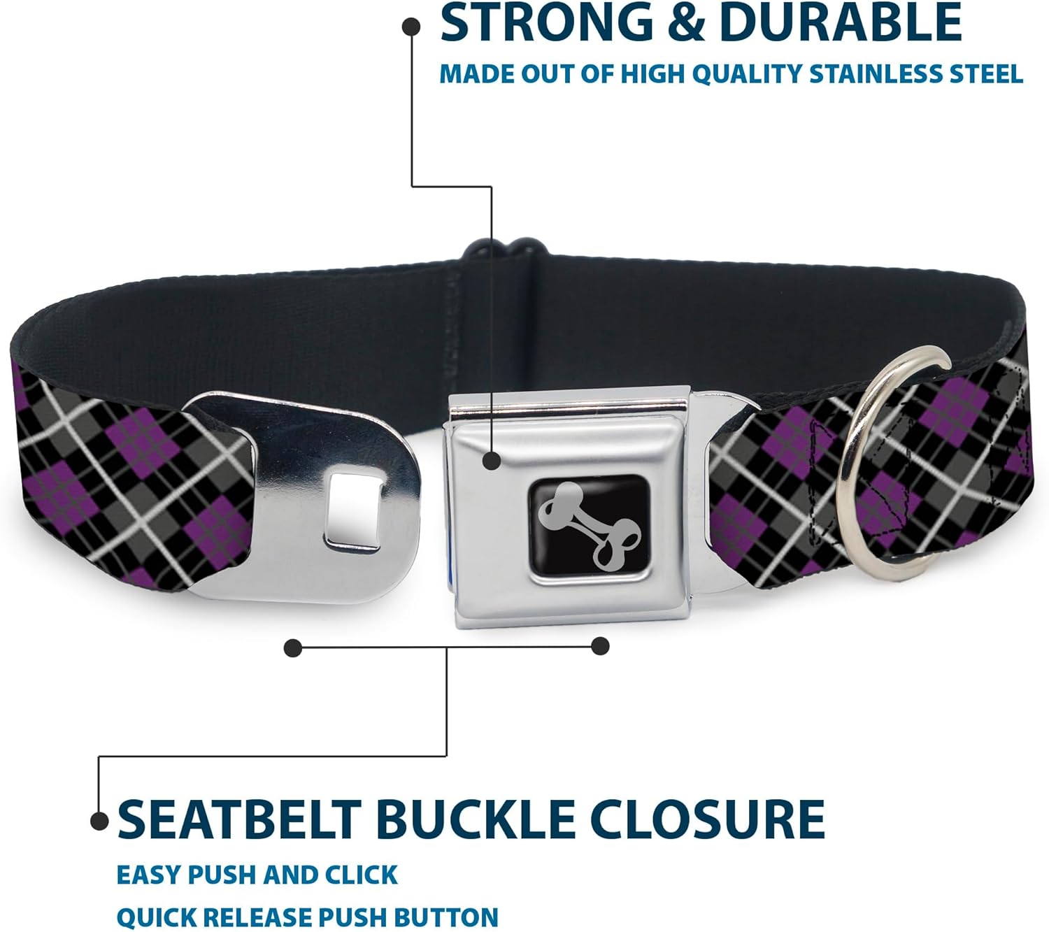 Buckle-Down Seatbelt Buckle Dog Collar - Argyle Black/Gray/Purple - 1" Wide - Fits 11-17" Neck - Medium