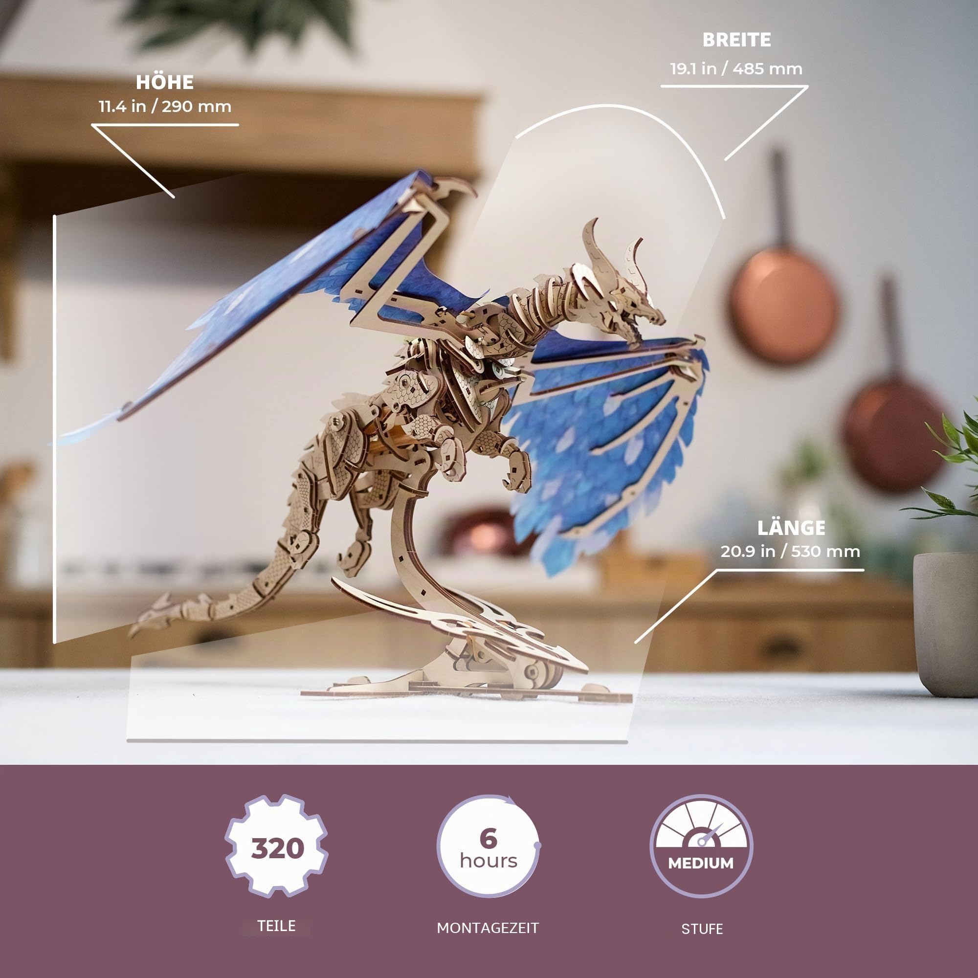 UGEARS 3D Holzpuzzle Erwachsene Sturmdrache Dragon 3D Puzzle Modellbausatz für Erwachsene und Jugendliche aus Holz DIY Mechanisches Holzbausatz Drachen Modell mit Gummibandmotor