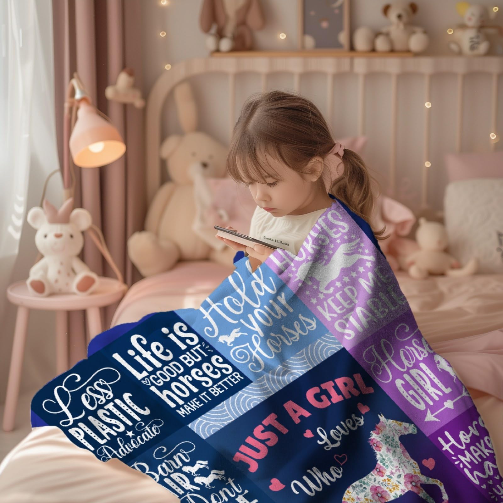 Horse Blanket Gifts for Girls Women, Just A Girl Who Loves Horses Throw Blanket, Cute Horse Blanket for Horse Lovers Flannel Fleece Soft Warm Fuzzy Throw Horse Decor Bed Living Room for Teens 60