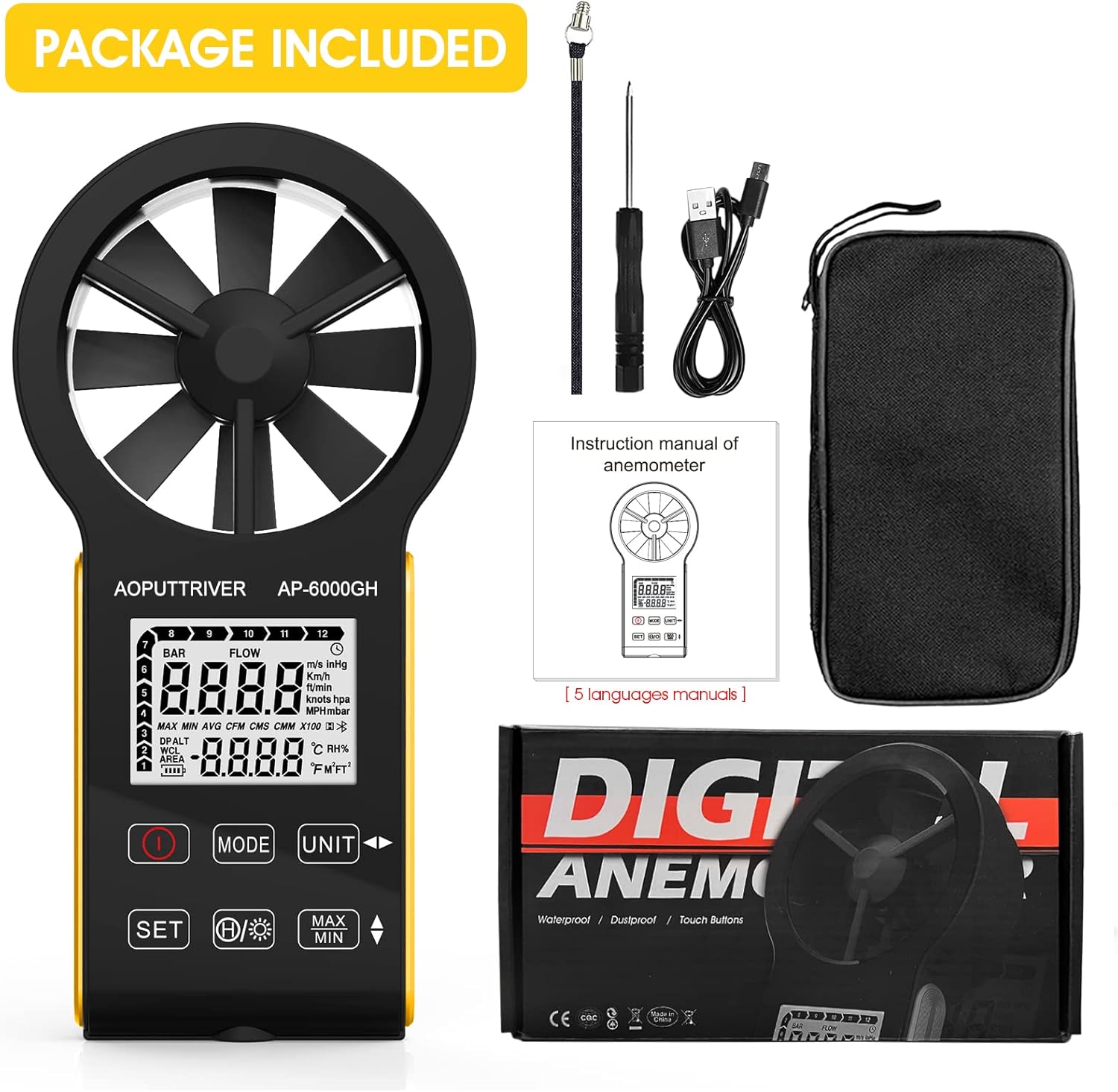 Package contents of AOPUTTRIVER AP-6000GH anemometer