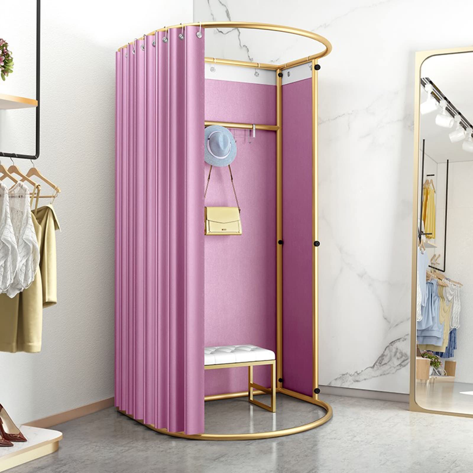 Cabine d'essayage gain de place avec rideau rose opaque pour espace de vente