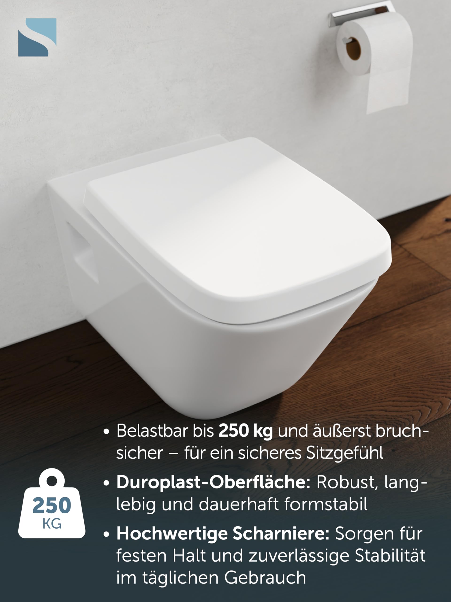 SCHÜTTE WC-Sitz Eckig (E-Form) | Passgenau für Keramag Renova Nr. 1 Plan | 5 Jahre Garantie & 250 kg Belastbar | Duroplast Toilettendeckel mit Absenkautomatik & Schnellverschluss | Weiß