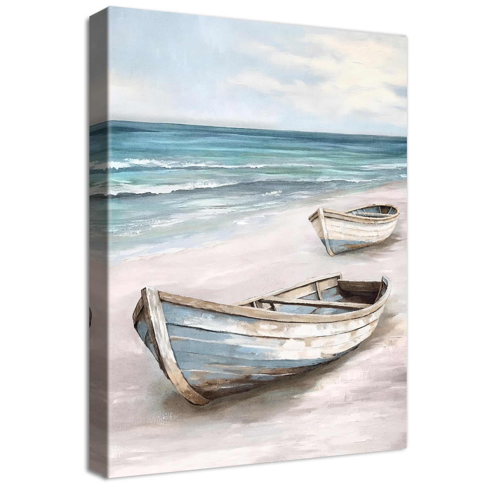 Wooden Framed Canvas Wall Art Blue White Sea Boat Painting on Canvas Prints Poster Seaside Coastal Sandy Beach Pictures for Living Room Bedroom Bathroom Dining Room Hallway Wall Decoration 30x40cm — image 1