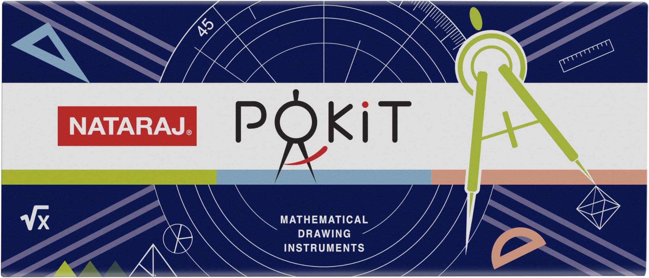 Nataraj Pokit Geometry Box | High precision instruments | Blod markings for accuracy |Tough & Long-Lasting | Geometry Box for Students | Smooth & Rounded Edge | Child-Safe | Set of 9 Instruments