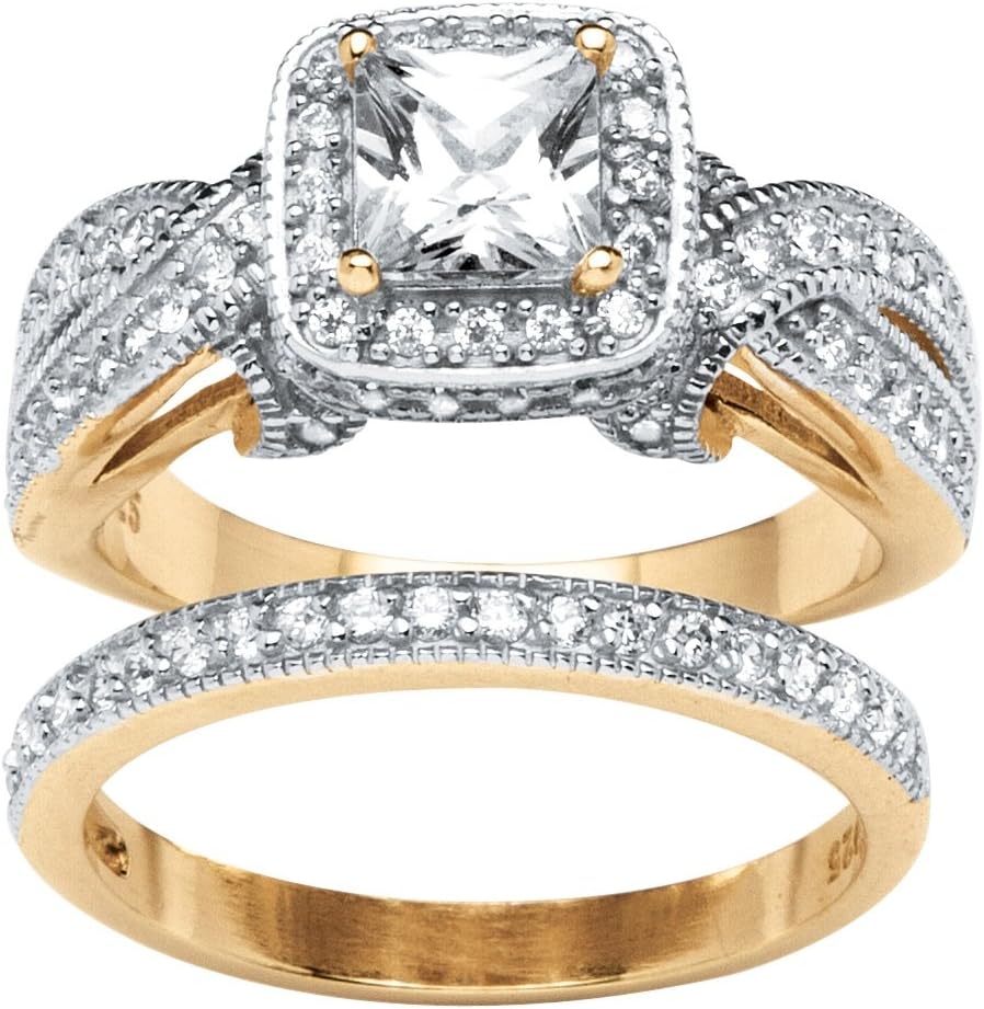 Princess-Cut White Cubic Zirconia 18k Gold over .925 Sterling Silver 2-Piece Halo Bridal Set