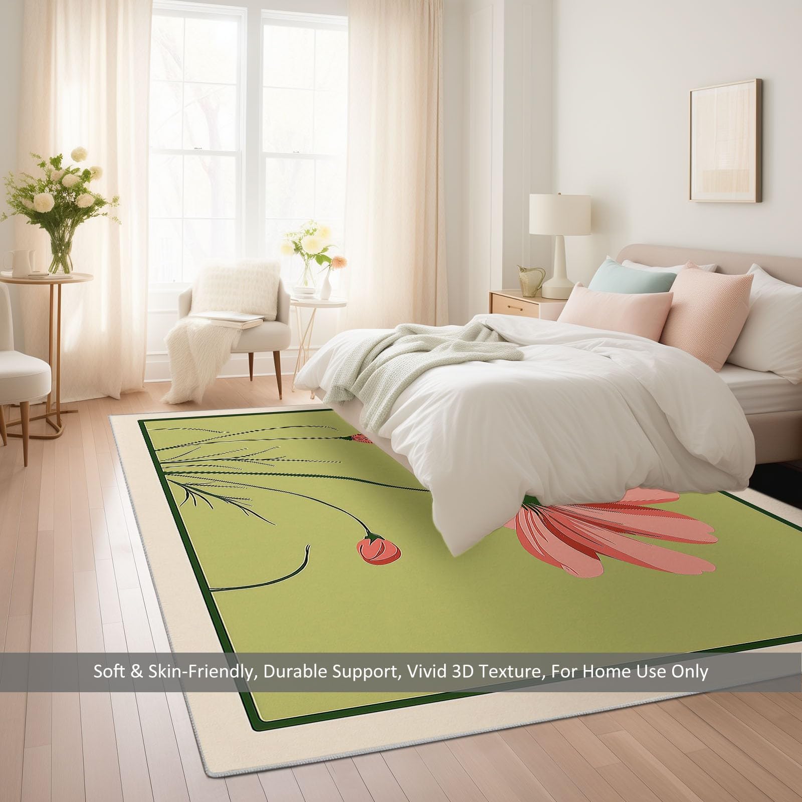 Tapis de salon lavable en machine 160 x 230 cm mode médiévale moderne, coureur faible poil antidérapant avec plantes fleurs sauge vert - tapis chambre pour la chambre à coucher le bureau à domicile