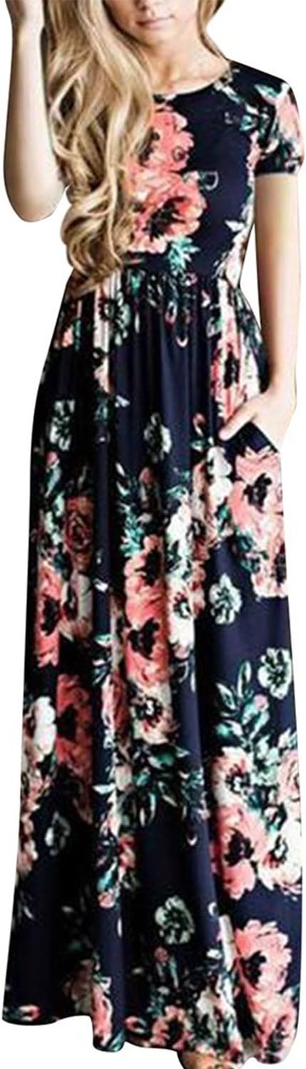 Allfennler Women’s Floral Print Round Neck Short Sleeve Summer Maxi Dress Royal Blue-L