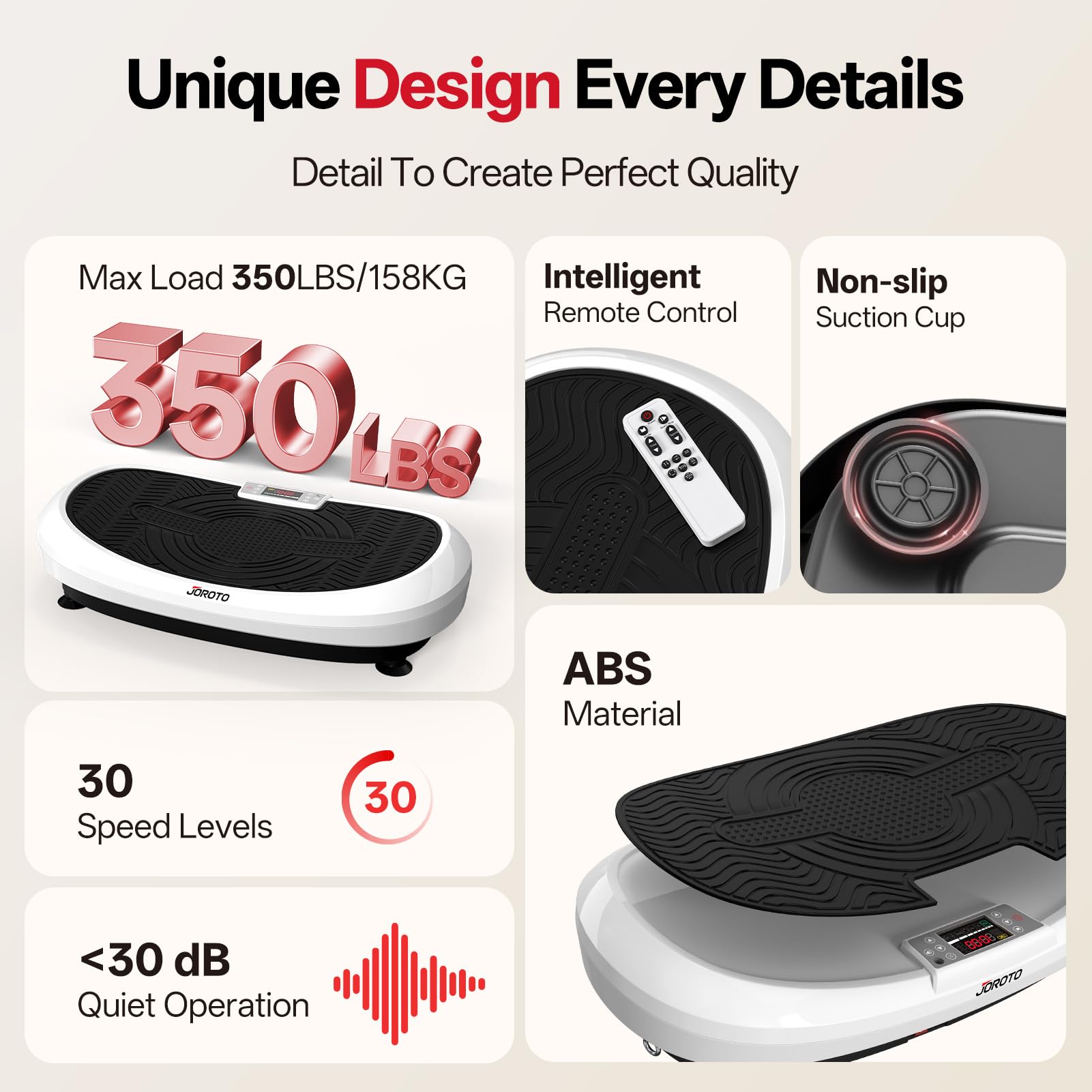 JOROTO JV50/JV60 Pedana Vibrante 4D per Casa, con 3 Motori, 10 Programmi & 120 Livelli, Altoparlante Bluetooth, Luci LED per Allenamento Completo del Corpo, Portata Massima di 158KG