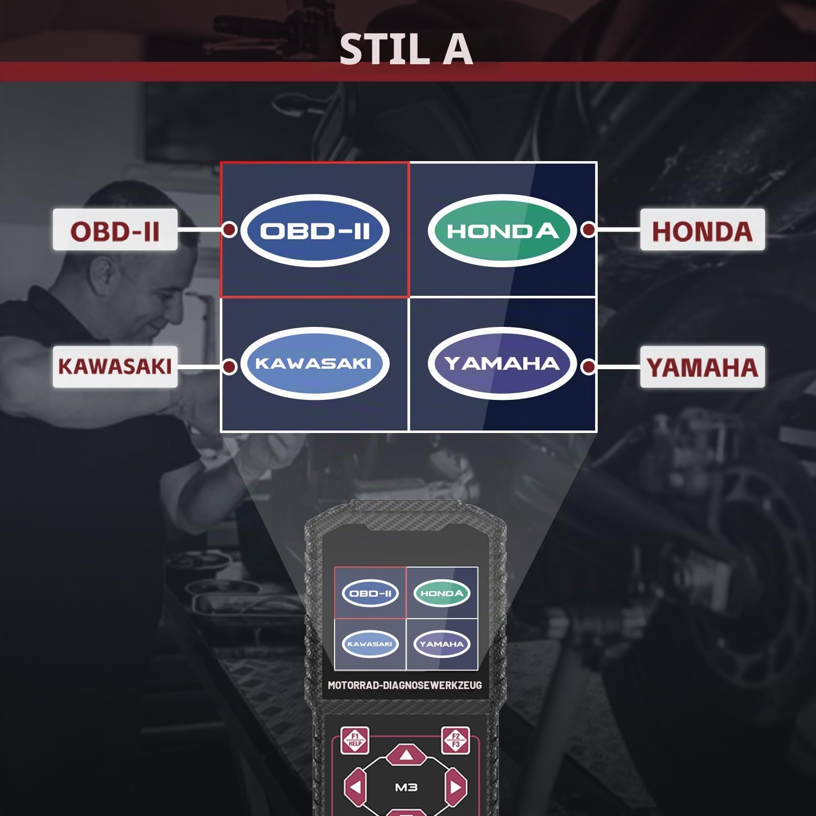 Motorrad System Diagnosetest Messgeräte OBDII Motorrad Fehlercodeleser Scanner Passend Kompatibel für Yamaha 2/3/4P, Kawasaki 4-6P, Honda 4P, OBDII
