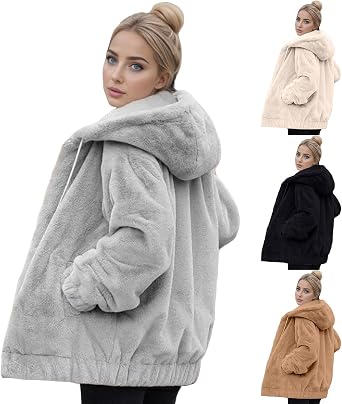 Fleece Jacket Women Sherpa Fuzzy Winter Coats Warm Zip Up Hooded Sweatshirt Jackets Fashion Coat with Pockets