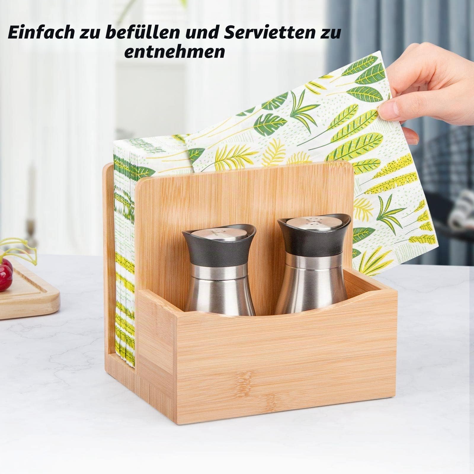 Serviettenhalter aus Holz mit Caddy für Salzstreuer und Pfefferstreuer,Bambus Serviettenhalter stehend für KüChe Tisch Aufrechter Serviettenständer für Outdoor Cocktail Restaurant