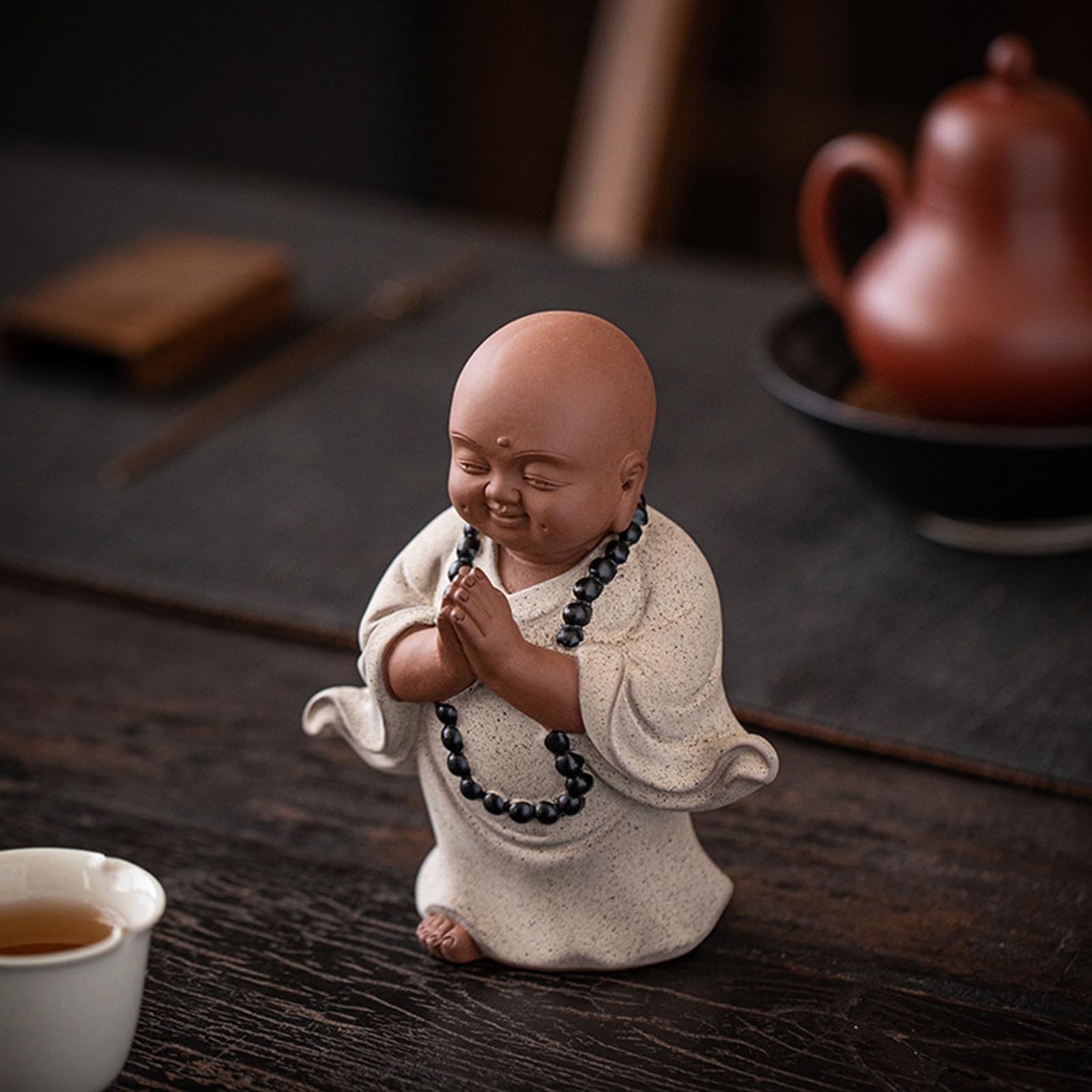 YUZDNM Desktop Art Statue Sculpture - Ceramic Pray Buddhist Monk Statue, Feng Shui Laughing Buddha Tea Pet For Home Office Desk Decor, 5.5" Collectable Gift(B)
