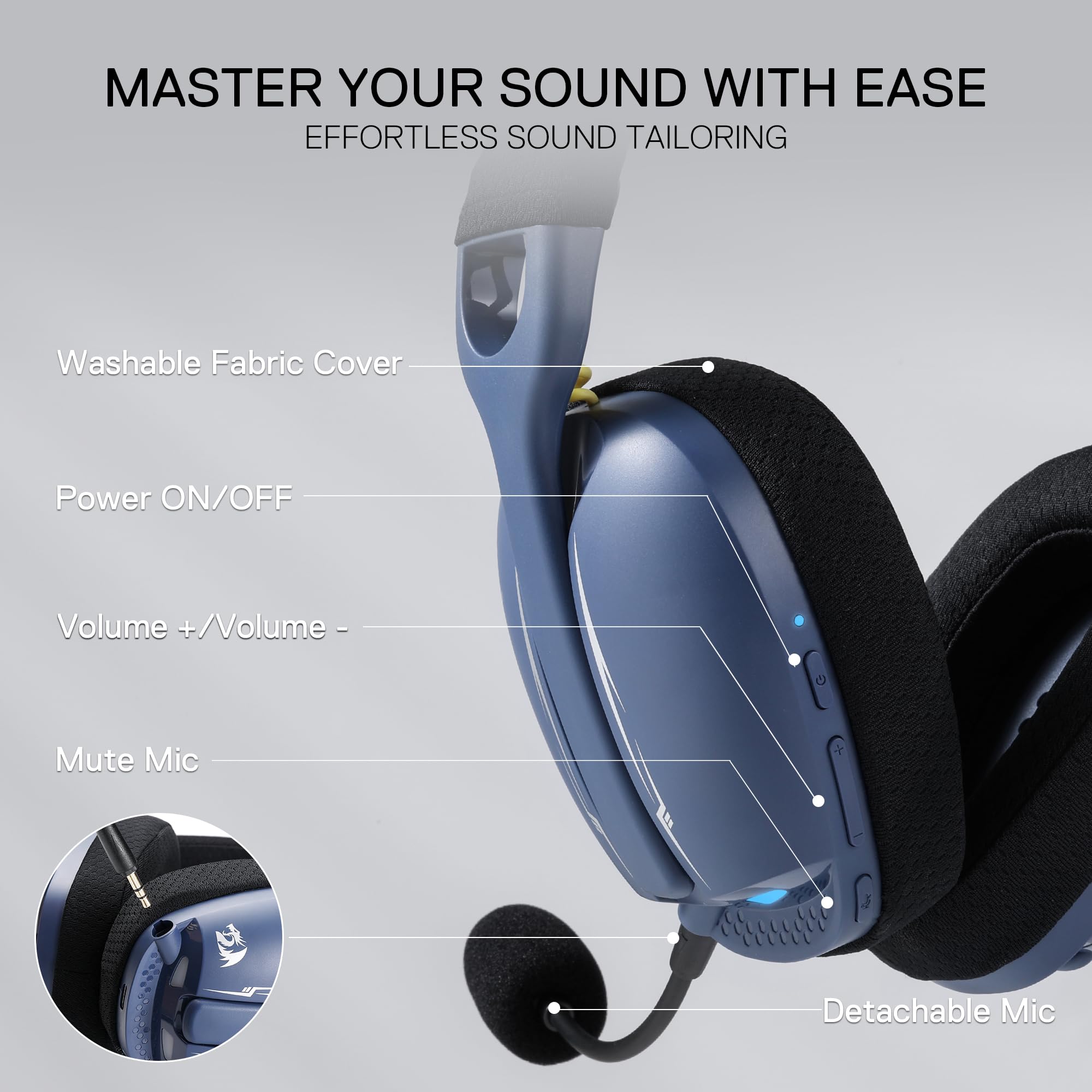 Redragon H878 Cuffie da Gioco Wireless a 3 Modalità con Retroilluminazione Blu - Leggere - Suono Surround 7.1 - Driver da 40MM - Microfono Rimovibile - Multi Piattaforme per PC, PS5/4/3, Switch Mobile