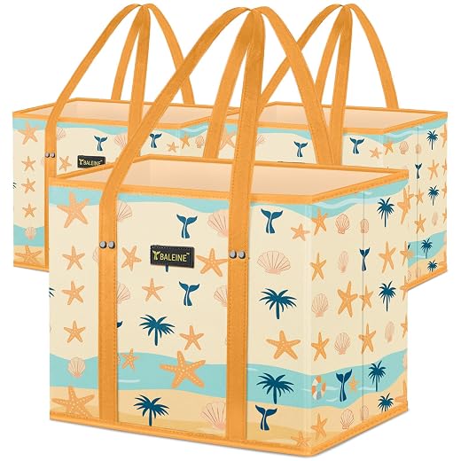 BALEINE 3Pk Reusable Grocery Bags, Foldable Shopping Bags for Groceries with Reinforced Bottom & Handles (Summer Beach-Yellow)