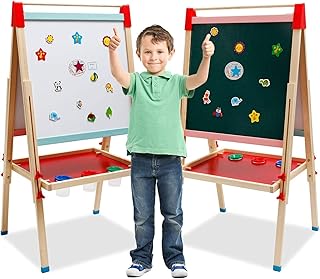 Kids Easel Double-Sided Whiteboard & Chalkboard Standing Easel Wooden Art Easel Height Adjustable with Paper Roller Magnetic Accessories Storage Tray for Kids and Toddlers (T18)