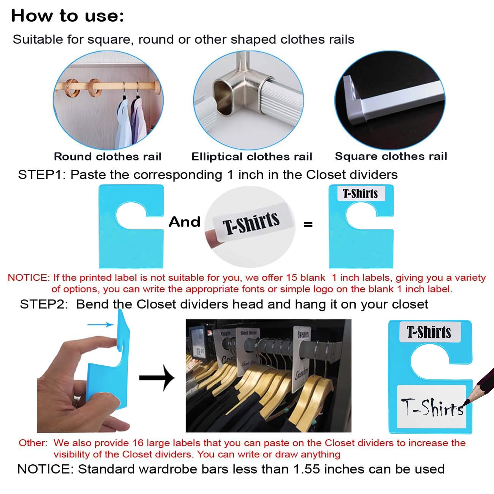 DMLNN 10 Pack White Clothing Rack Size Dividers Plus 60 Labels (1 Inch) and 16 Large Blank Labels, Large Rectangular Clothing Closet dividers (Pearl White)