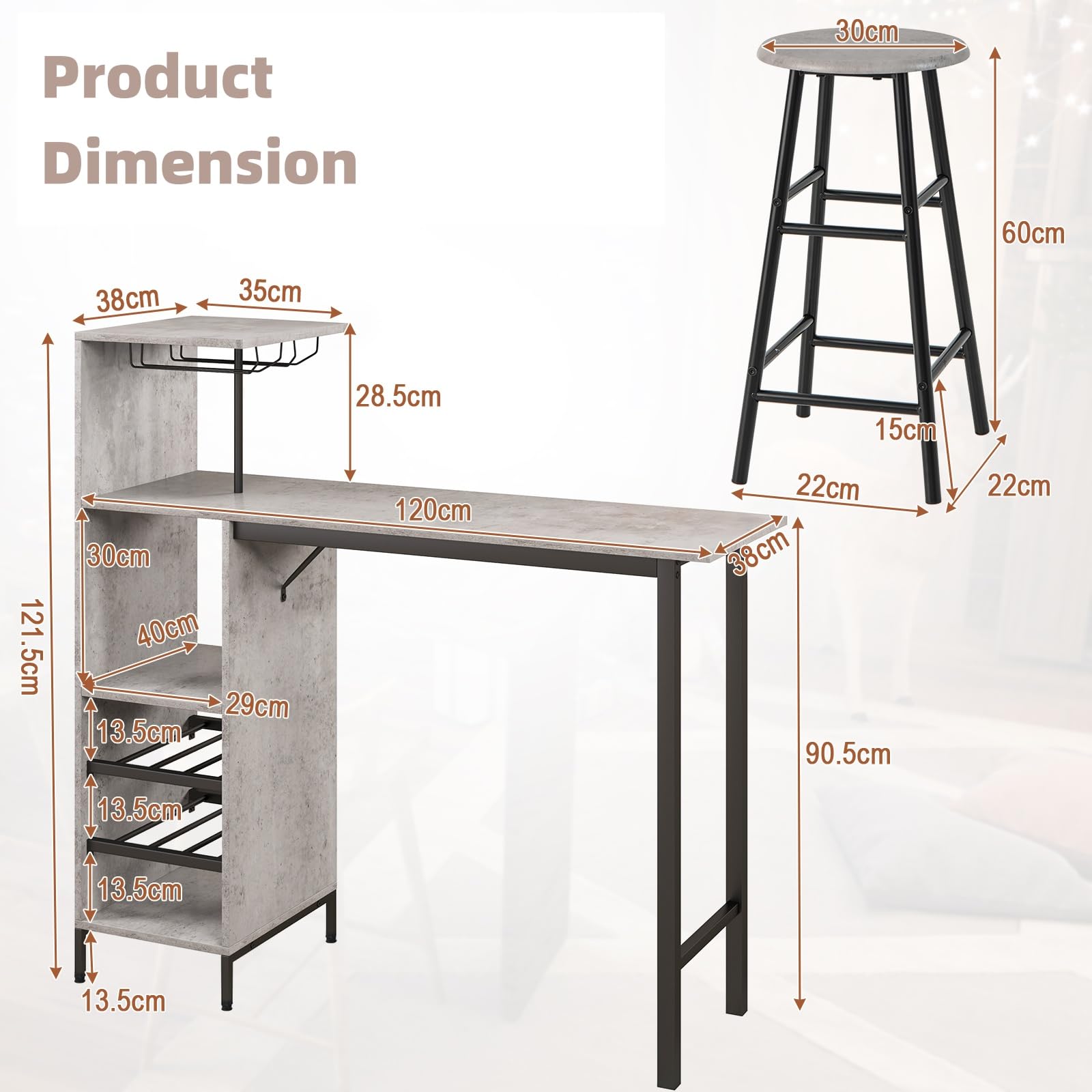 LIFEZEAL Juego de Comedor con 2 taburetes de Bar, Barra de Cocina con 2 sillas Altas, Mesa de Bar con peldaños Abiertos, botellero para Copas de Vino, para Cocina, salón y Bar (Gris)