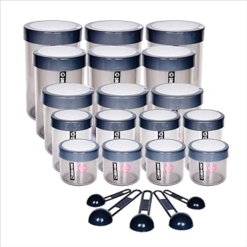 DreamHome Plastic Well DLX Plain Kitchen Storage Containers (Grey, 2000ml, 1500ml, 1000ml, 500ml, 250ml) - Set of 17