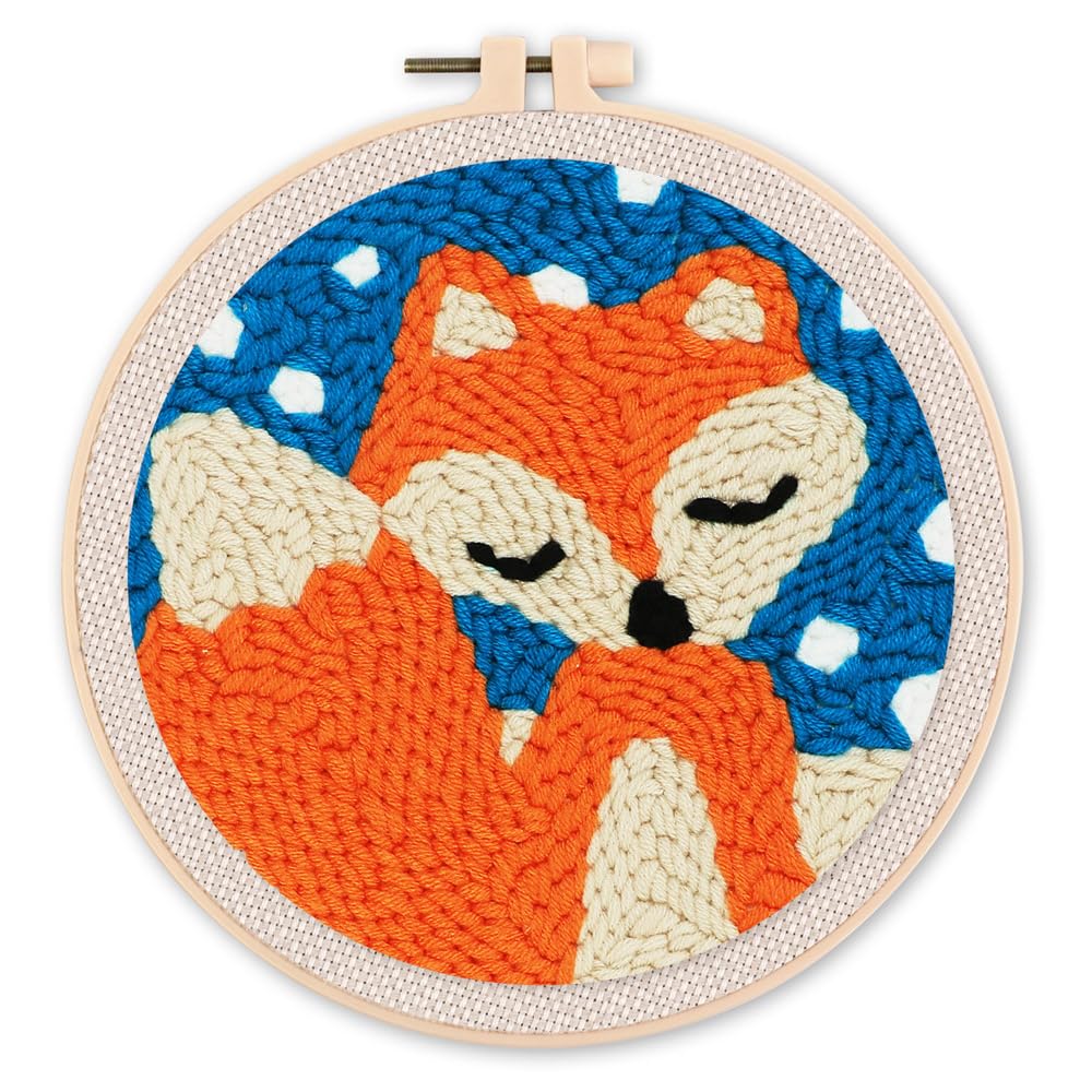 Figured'Art Punch Needle kit for Adults - Embroidery Perfect for Beginners - Fox in The Snow - 20x20cm with Circular Frame