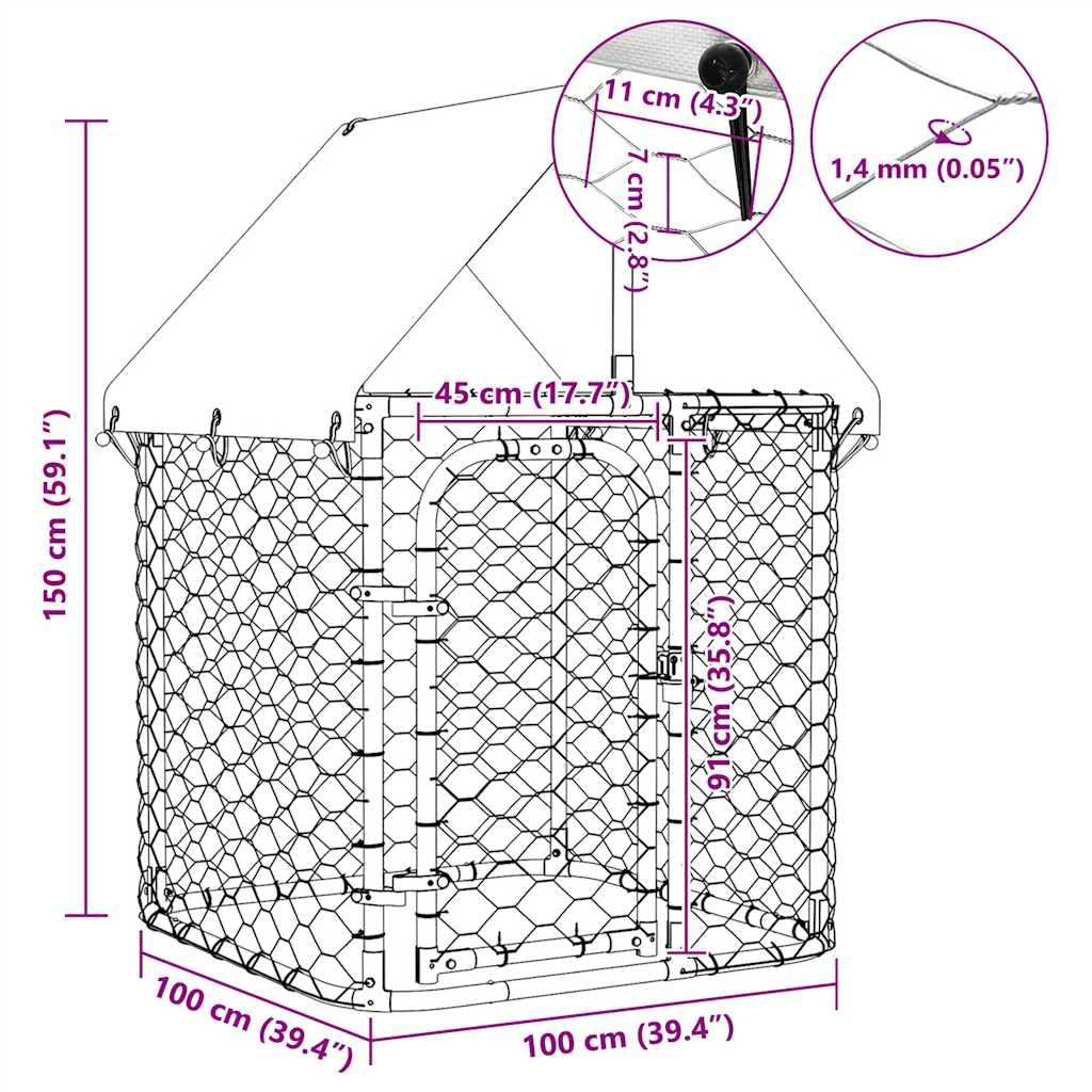 Cuccia per cani da esterno con tetto 100 x 100 x 150 cm, grande gabbia in acciaio zincato per cani, rete metallica a 4 lati per ventilazione e sicurezza, costruzione robusta