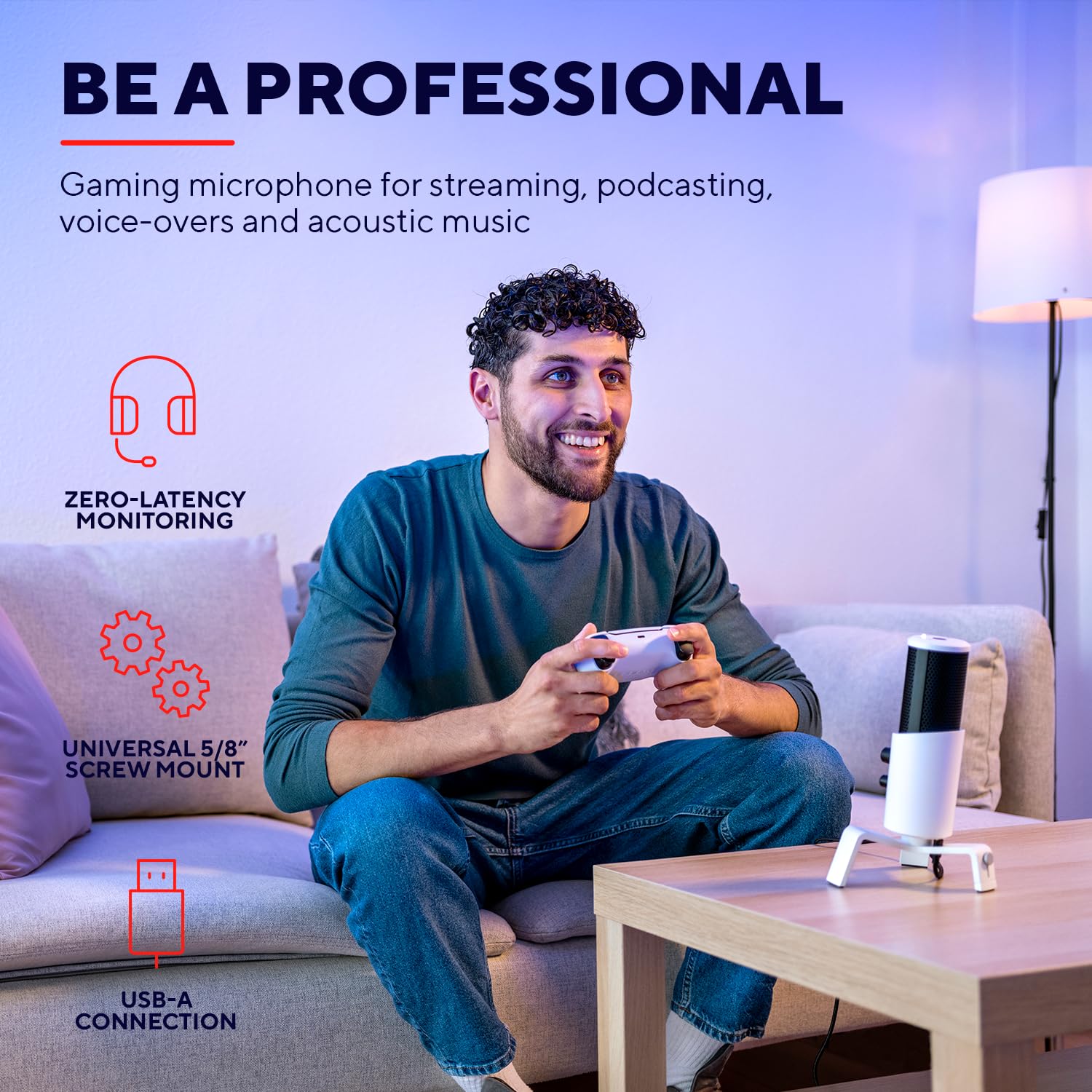 Trust Gaming GXT 258 Fyru Microfono PC Professionale, 4 Pattern Di Registrazione, Illuminazione LED, Microfono USB Per Computer PS4 PS5 Streaming Twitch YouTube Discord Canto ASMR Podcasting, Bianco